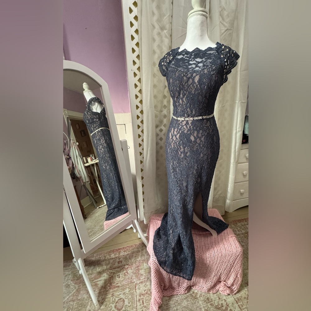 City Triangles Navy Lace Sheath Gown with Beaded Waist